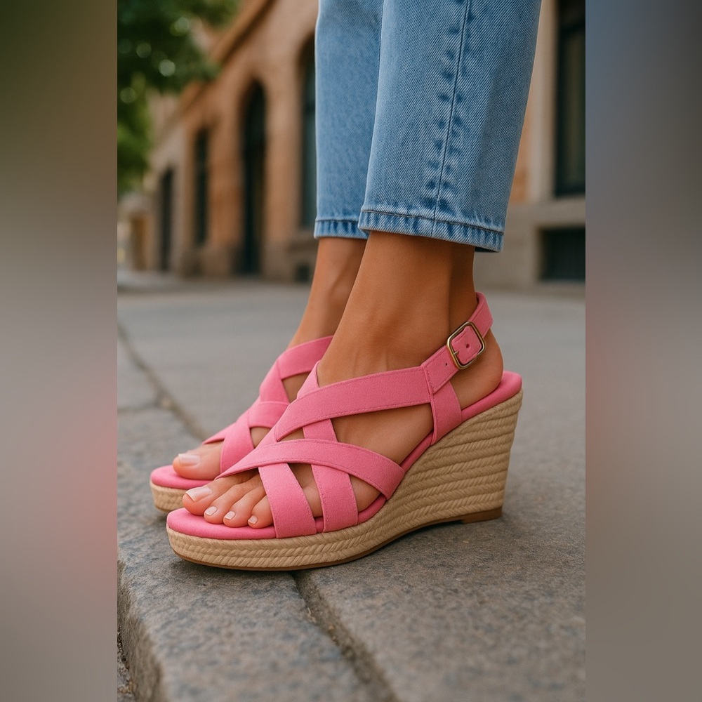 New Cole Haan Women’s Crystal Genuine Leather Wedge Sandals Pink Neon Summer